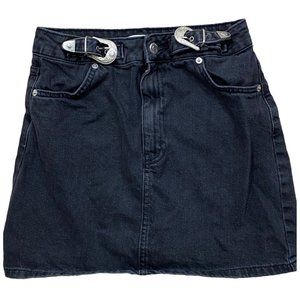 Zara Womens Jean Skirt 2 Black Denim Western Silver Belt Coastal Cowgirl Boho
